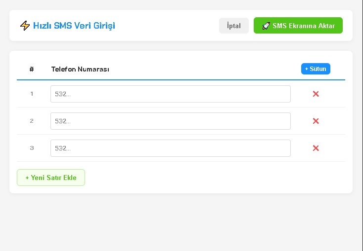 Hızlı SMS Veri Giriş Tablosu