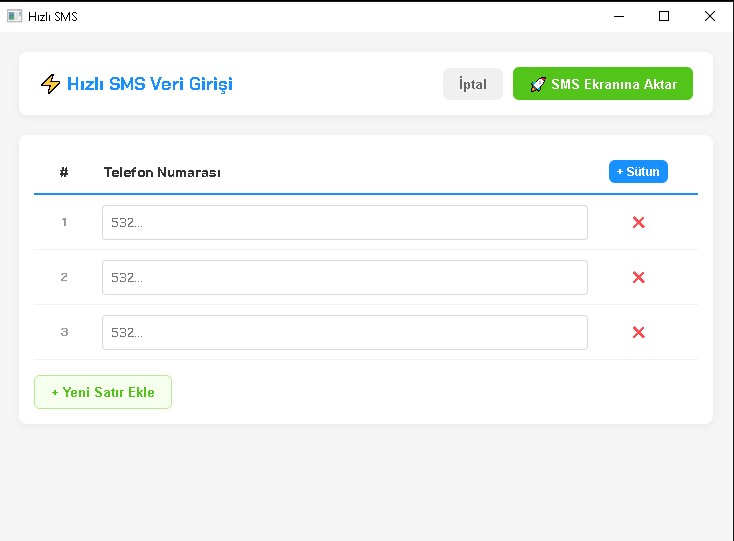 Hızlı SMS Veri Giriş Tablosu